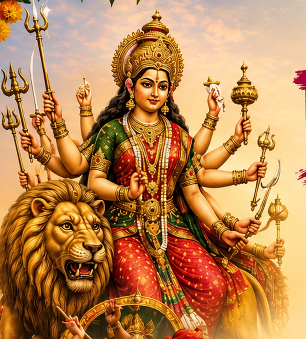 Goddess Durga astride her lion, the victory of good over evil celebrated at Dasara