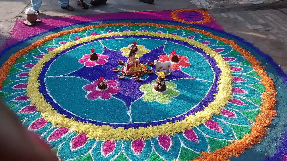A large, colourful Sankranti muggu (rangoli) drawn on the ground for the harvest festival