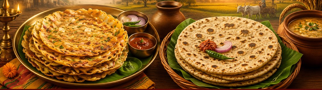 Sarva pindi rice-flour griddle cakes and jonna rotte sorghum flatbread with chutneys, Telangana country food