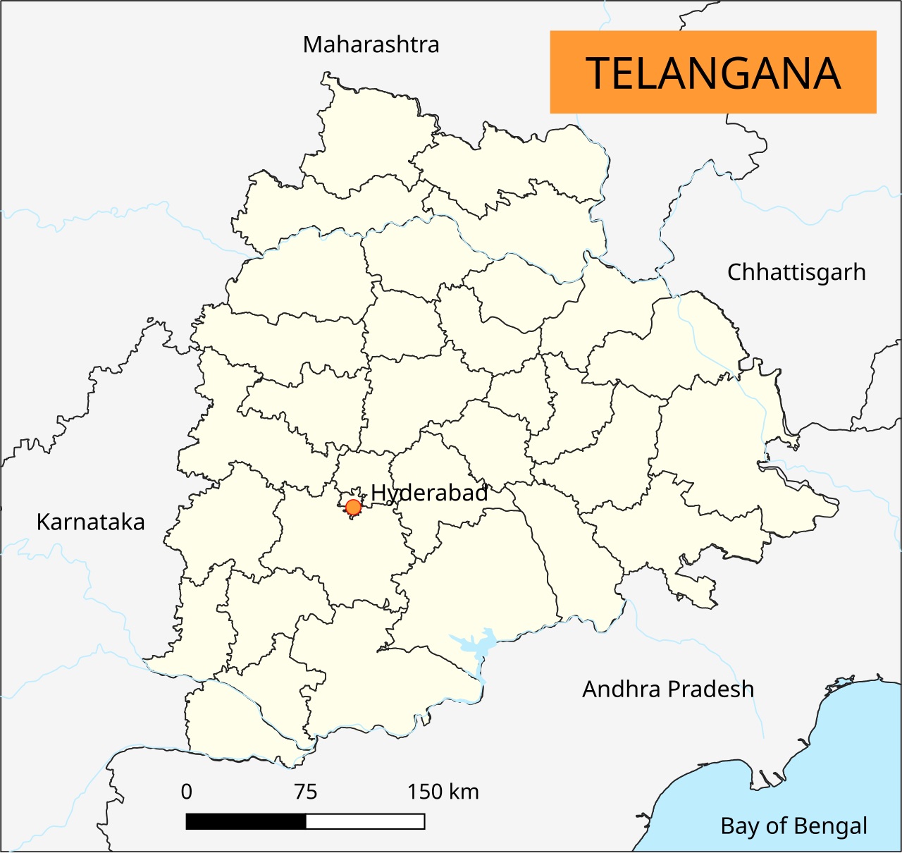 Map of Telangana showing its district boundaries, the capital Hyderabad, and the neighbouring states of Maharashtra, Chhattisgarh, Karnataka and Andhra Pradesh
